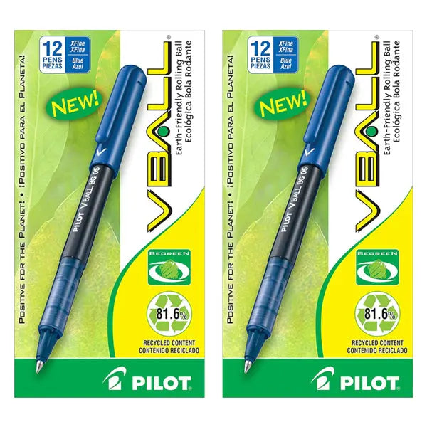 2 Pack - Pilot BeGreen VBall Rolling Ball Pens Extra Fine Point Blue Ink 12 Count Pilot